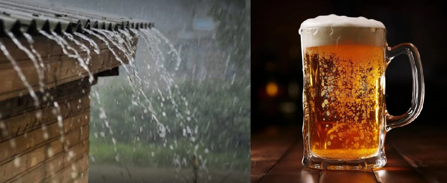 Sistema de captación de agua de lluvia en techumbre junto a tarro de cerveza artesanal, ilustrando gestión sostenible del agua en cervecerías artesanales