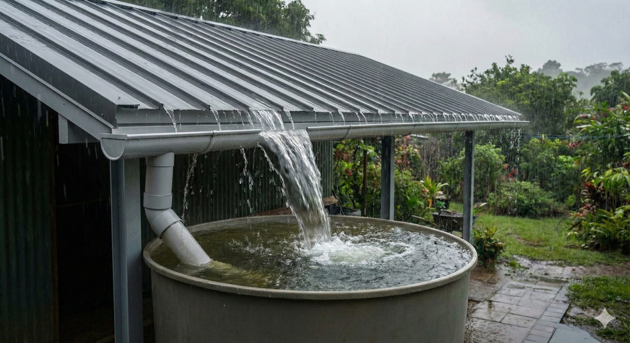 Techumbre grande bajo aguacero con gran escurrimiento de agua, representando la capacidad de captación pluvial de hasta 150,000 litros por techumbre. ATRAPALLUVIA